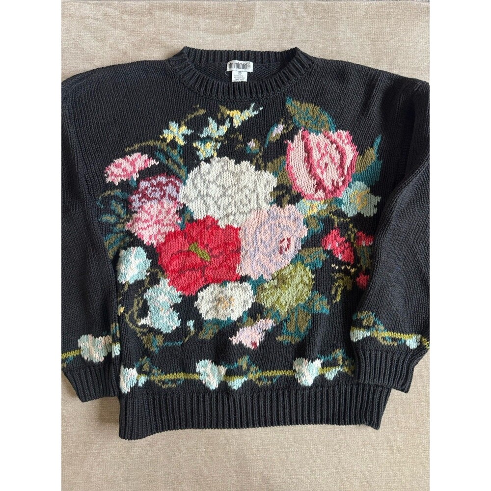 Vintage De Rothchild Floral Sweater Black Chunky Knit Cottagecore Grandma Medium
